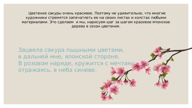  Цветение сакуры очень красивое. Поэтому не удивительно, что многие художники стремятся запечатлеть ее на своих листах и холстах любыми материалами. Это сделаем и мы, нарисуем шаг за шагом красивое японское дерево в сезон цветения.    Зацвела сакура пышными цветами,  в дальней мне, японской стороне.  В розовом наряде, кружится с мечтами,  отражаясь, в неба синеве.   
