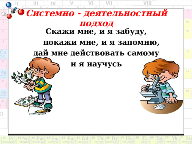 Системно - деятельностный подход Скажи мне, и я забуду,  покажи мне, и я запомню,  дай мне действовать самому и я научусь  