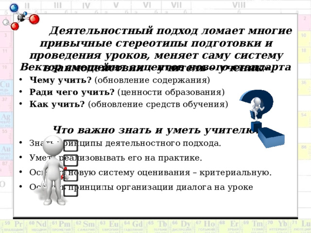       Деятельностный подход ломает многие привычные стереотипы подготовки и проведения уроков, меняет саму систему взаимодействия « учитель – ученик»     Вектор смещения акцентов нового стандарта Чему учить?  (обновление содержания) Ради чего учить?  (ценности образования) Как учить?  (обновление средств обучения)  Что важно знать и уметь учителю. Знать принципы деятельностного подхода. Уметь реализовывать его на практике. Освоить новую систему оценивания – критериальную. Освоить принципы организации диалога на уроке 