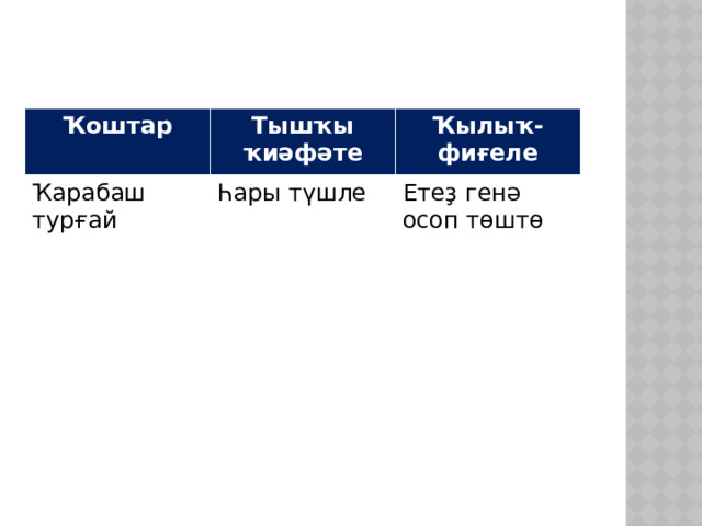 Ҡоштар Тышҡы ҡиәфәте Ҡарабаш турғай Ҡылыҡ-фиғеле Һары түшле Етеҙ генә осоп төштө 