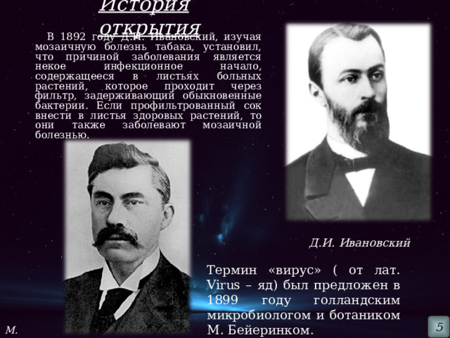 История открытия  В 1892 году Д.И. Ивановский, изучая мозаичную болезнь табака, установил, что причиной заболевания является некое инфекционное начало, содержащееся в листьях больных растений, которое проходит через фильтр, задерживающий обыкновенные бактерии. Если профильтрованный сок внести в листья здоровых растений, то они также заболевают мозаичной болезнью. Д.И. Ивановский Термин «вирус» ( от лат. Virus – яд) был предложен в 1899 году голландским микробиологом и ботаником М. Бейеринком. 5 М. Бейеринк 