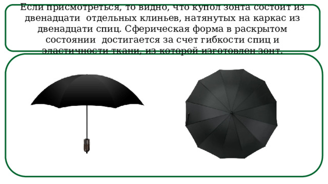 Если присмотреться, то видно, что купол зонта состоит из двенадцати отдельных клиньев, натянутых на каркас из двенадцати спиц. Сферическая форма в раскрытом состоянии достигается за счет гибкости спиц и эластичности ткани, из которой изготовлен зонт.  