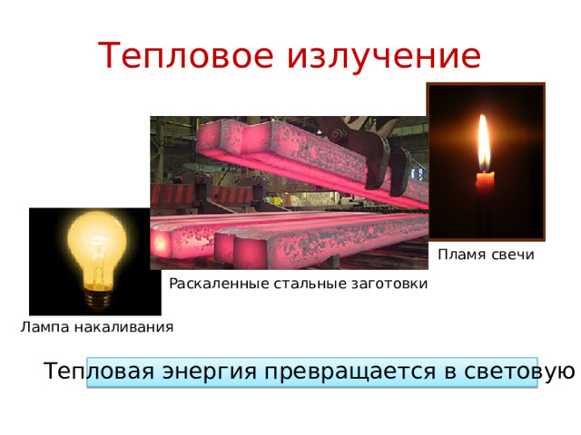 Тепловое излучение Пламя свечи Раскаленные стальные заготовки Лампа накаливания Тепловая энергия превращается в световую 