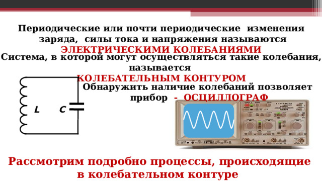 Периодические или почти периодические изменения  заряда, силы тока и напряжения называются ЭЛЕКТРИЧЕСКИМИ КОЛЕБАНИЯМИ Система, в которой могут осуществляться такие колебания, называется КОЛЕБАТЕЛЬНЫМ КОНТУРОМ Обнаружить наличие колебаний позволяет  прибор - ОСЦИЛЛОГРАФ L C Рассмотрим подробно процессы, происходящие в колебательном контуре 