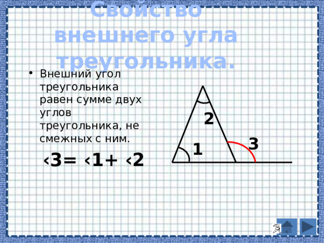 Свойство внешнего угла треугольника. Внешний угол треугольника равен сумме двух углов треугольника, не смежных с ним.  ‹ 3= ‹1+ ‹2 2 3 1 