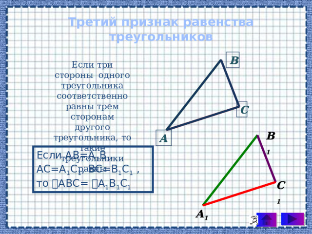 Третий признак равенства треугольников B B Если три стороны одного треугольника соответственно равны трем сторонам другого треугольника, то такие треугольники равны C C B B 1 A A Если AB=A 1 B 1 , AC=A 1 C 1 , BC=B 1 C 1 , то  ABC=  A 1 B 1 C 1 C 1 C A A 1 