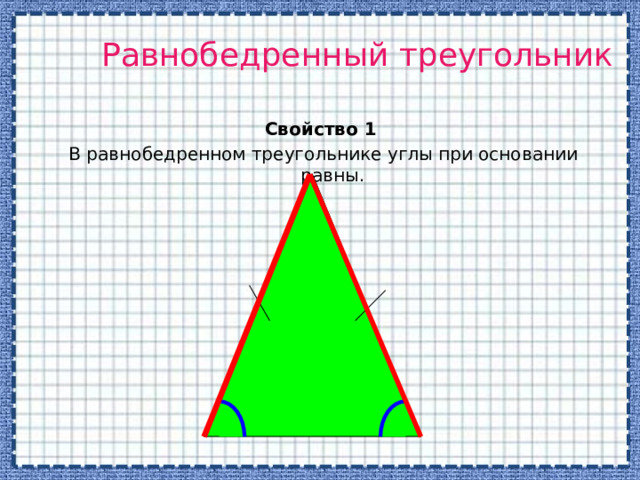 Равнобедренный треугольник Свойство 1  В равнобедренном треугольнике углы при основании равны. 