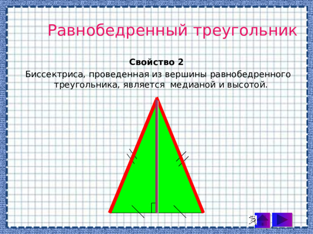 Равнобедренный треугольник Свойство 2  Биссектриса, проведенная из вершины равнобедренного треугольника, является медианой и высотой. 