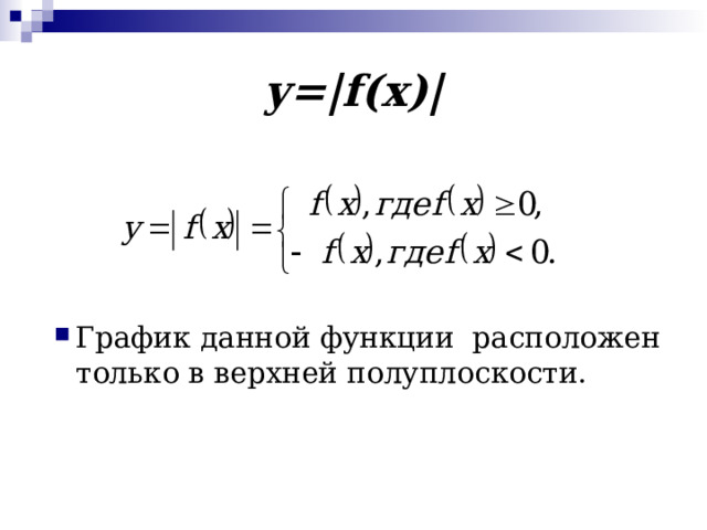 y =| f ( x )| График данной функции расположен только в верхней полуплоскости. 
