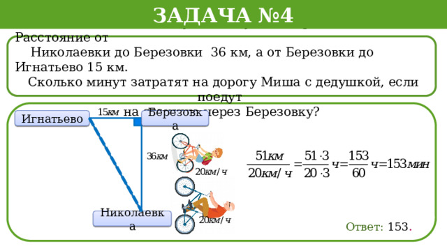 Задача №4  По шоссе Миша с дедушкой едут со скоростью 20 км/ч. Расстояние от  Николаевки до Березовки 36 км, а от Березовки до Игнатьево 15 км.  Сколько минут затратят на дорогу Миша с дедушкой, если поедут на станцию через Березовку? Игнатьево Березовка  Ответ: 153 . Николаевка  