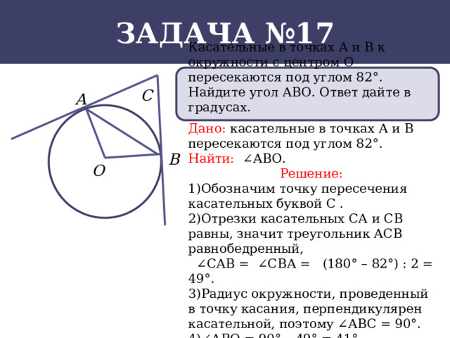 Задача №17 Касательные в точках А и В к окружности с центром О пересекаются под углом 82°. Найдите угол АВО. Ответ дайте в градусах. Дано: касательные в точках А и В  пересекаются под углом 82°. Найти: ∠АВО. Решение: 1)Обозначим точку пересечения касательных буквой С . 2)Отрезки касательных СА и СВ равны, значит треугольник АСВ равнобедренный, ∠ САВ = ∠СВА = (180° – 82°) : 2 = 49°. 3)Радиус окружности, проведенный в точку касания, перпендикулярен касательной, поэтому ∠АВС = 90°. 4)∠АВО = 90° – 49° = 41°  Ответ: 41.  