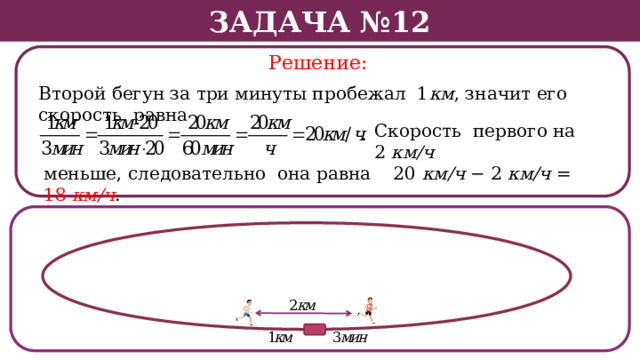 Задача №12 Решение: Второй бегун за три минуты пробежал 1 км , значит его скорость равна Скорость первого на 2 км/ч меньше, следовательно она равна 20 км/ч − 2 км/ч = 18 км/ч .  