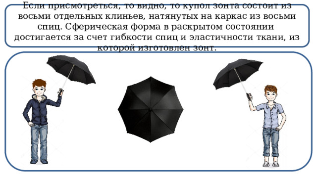 Если присмотреться, то видно, то купол зонта состоит из восьми отдельных клиньев, натянутых на каркас из восьми спиц. Сферическая форма в раскрытом состоянии достигается за счет гибкости спиц и эластичности ткани, из которой изготовлен зонт.  
