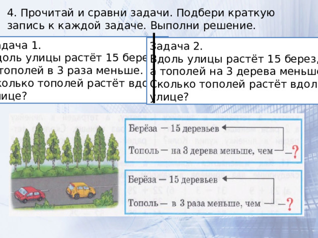 4. Прочитай и сравни задачи. Подбери краткую запись к каждой задаче. Выполни решение. Задача 1. Вдоль улицы растёт 15 берез, а тополей в 3 раза меньше. Сколько тополей растёт вдоль улице? Задача 2. Вдоль улицы растёт 15 берез, а тополей на 3 дерева меньше. Сколько тополей растёт вдоль улице? 