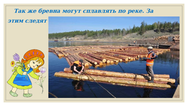 Так же бревна могут сплавлять по реке. За этим следят сплавщики. 