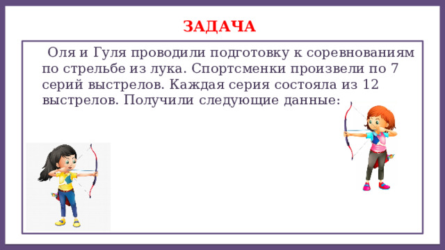 Дисперсией ряда чисел называется среднее арифметическое Задача  Оля и Гуля проводили подготовку к соревнованиям по стрельбе из лука. Спортсменки произвели по 7 серий выстрелов. Каждая серия состояла из 12 выстрелов. Получили следующие данные: 
