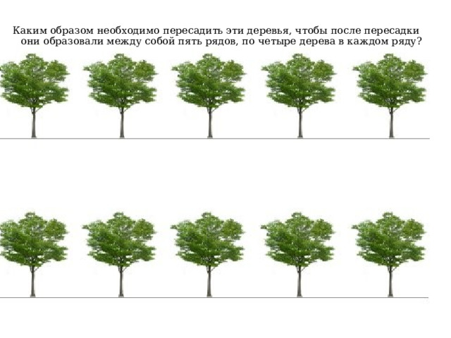 Каким образом необходимо пересадить эти деревья, чтобы после пересадки они образовали между собой пять рядов, по четыре дерева в каждом ряду?   