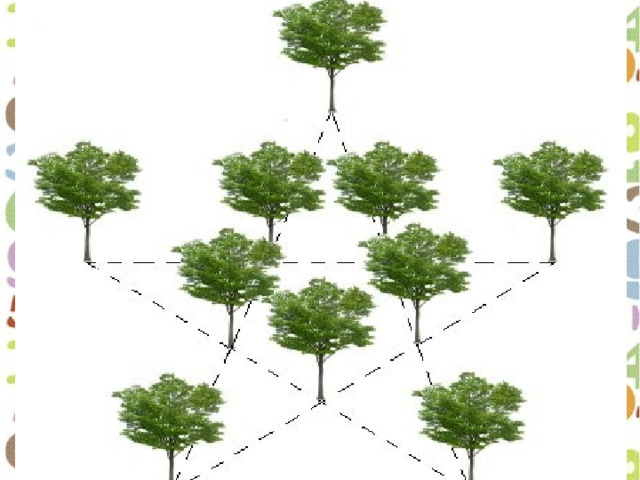 10 Деревьев в 5 рядов по 4 дерева в каждом. Деревья в шахматном порядке. 5 Рядов по 4 дерева. Посадить 10 деревьев в 5 рядов по 4.
