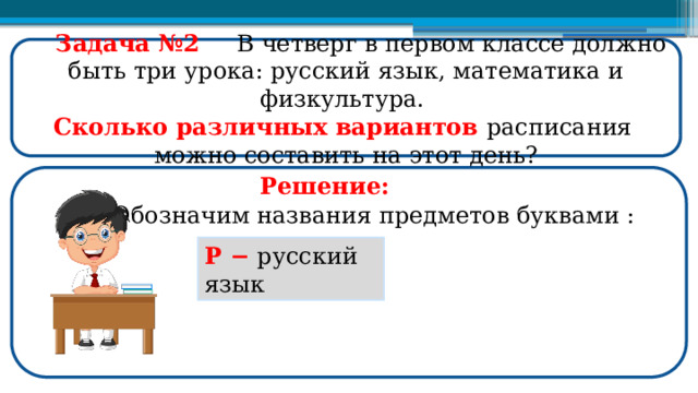  Задача №2  В четверг в первом классе должно быть три урока: русский язык, математика и физкультура. Сколько различных вариантов расписания можно составить на этот день? Решение: Обозначим названия предметов буквами : Р −  русский язык  