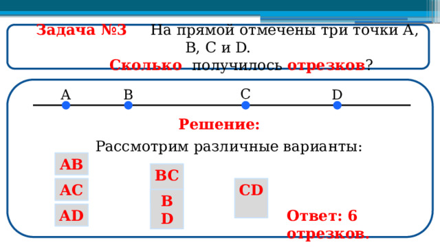  Задача №3  На прямой отмечены три точки А, В, С и D.  Сколько получилось отрезков ? Решение: Рассмотрим различные варианты: AB BC AC CD BD AD Ответ: 6 отрезков.  
