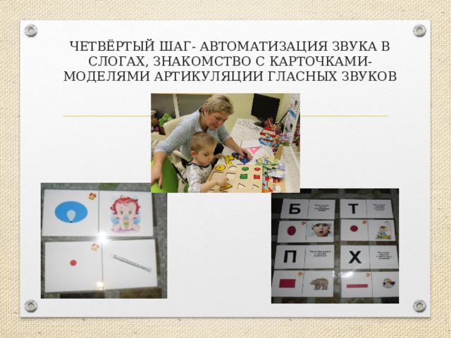 ЧЕТВЁРТЫЙ ШАГ- АВТОМАТИЗАЦИЯ ЗВУКА В СЛОГАХ, ЗНАКОМСТВО С КАРТОЧКАМИ- МОДЕЛЯМИ АРТИКУЛЯЦИИ ГЛАСНЫХ ЗВУКОВ 