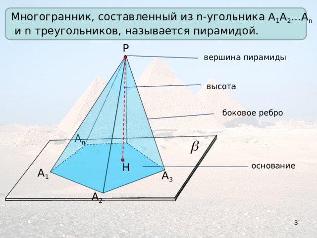 Многогранник, составленный из n-угольника А 1 А 2 …А n   и n треугольников, называется пирамидой. Р вершина пирамиды  высота боковое ребро А n Н основание А 1 А 3 А 2 3 