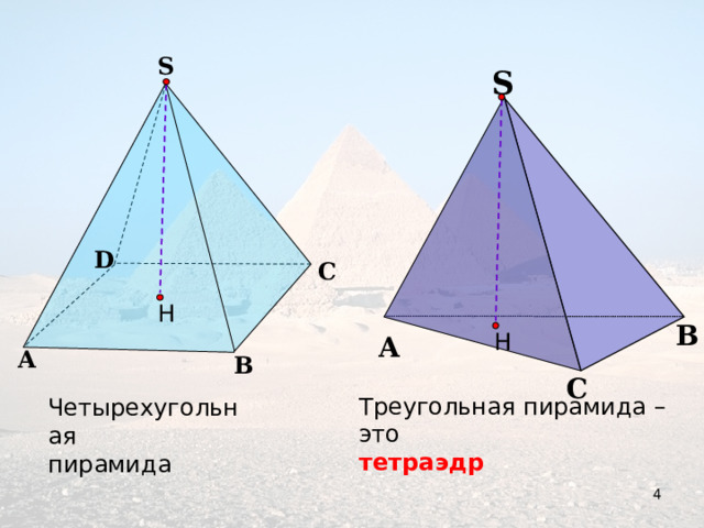 S  S  D C Н В Н А А B С Треугольная пирамида – это тетраэдр Четырехугольная пирамида 4 