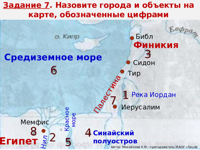 Задание 7 . Назовите города и объекты на карте, обозначенные цифрами Красное море Палестина Нил Библ Финикия 3 Средиземное море Сидон 6 Тир 1 Река Иордан 7 Иерусалим Мемфис 8 4 Синайский полуостров 2 Египет 5 Автор: Михайлова Н.М.- преподаватель МАОУ «Лицей № 21» 