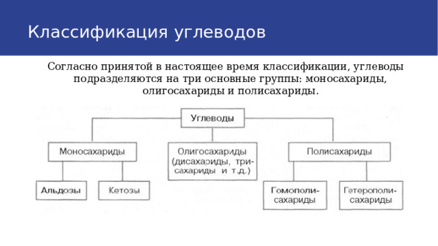 Классификация углеводов Согласно принятой в настоящее время классификации, углеводы подразделяются на три основные группы: моносахариды, олигосахариды и полисахариды . 
