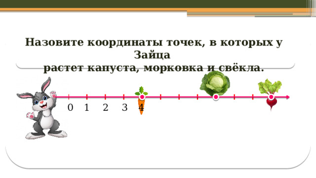 Назовите координаты точек, в которых у Зайца растет капуста, морковка и свёкла.  