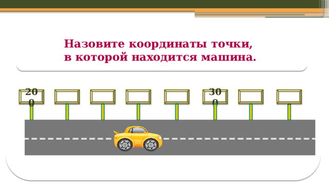 Назовите координаты точки, в которой находится машина.      300  200 