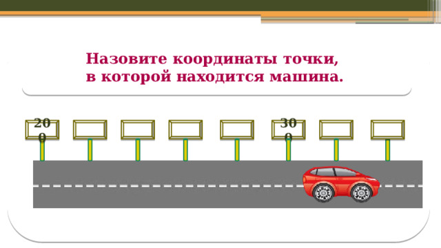 Назовите координаты точки, в которой находится машина.      300  200 