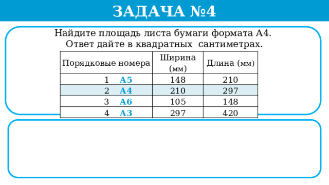 Задача №4 Найдите площадь листа бумаги формата А4.  Ответ дайте в квадратных сантиметрах. Порядковые номера  1 А5 Ширина ( мм ) Длина ( мм) 148  2 А4 210 210  3 А6  4 А3 297 105 297 148 420  