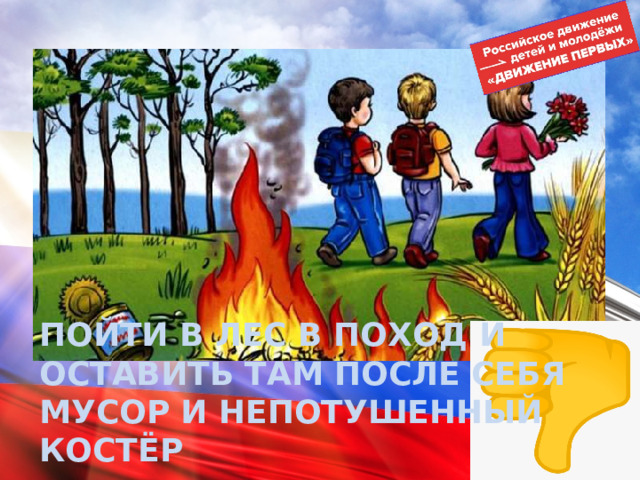 ПОЙТИ В ЛЕС В ПОХОД И ОСТАВИТЬ ТАМ ПОСЛЕ СЕБЯ МУСОР И НЕПОТУШЕННЫЙ КОСТЁР 
