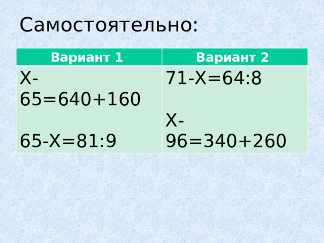 Самостоятельно: Вариант 1 Вариант 2 Х-65=640+160 71-Х=64:8 65-Х=81:9 Х-96=340+260 