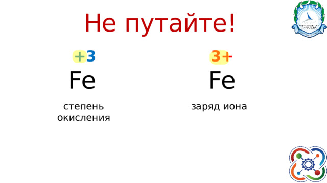 Не  путайте!  +3  3+ Fe  Fe  заряд иона   степень окисления 