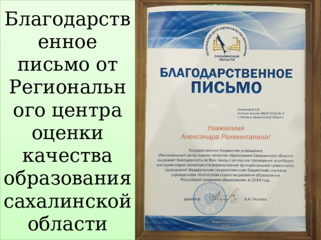 Благодарственное письмо от Регионального центра оценки качества образования сахалинской области 