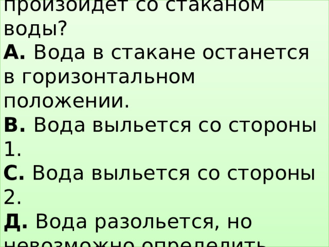 Вопрос 1:  Что, скорее всего, произойдет со стаканом воды?  А. Вода в стакане останется в горизонтальном положении.  В. Вода выльется со стороны 1.  С. Вода выльется со стороны 2.  Д. Вода разольется, но невозможно определить, выльется ли она со стороны 1 или 2 