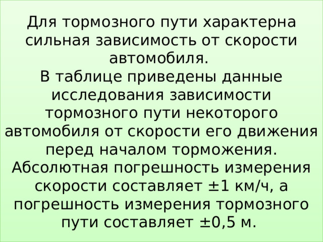 Для тормозного пути характерна сильная зависимость от скорости автомобиля.  В таблице приведены данные исследования зависимости тормозного пути некоторого автомобиля от скорости его движения перед началом торможения. Абсолютная погрешность измерения скорости составляет ±1 км/ч, а погрешность измерения тормозного пути составляет ±0,5 м. 