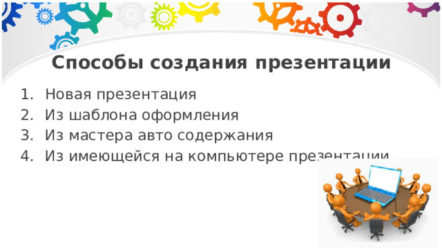 Способы создания презентации Новая презентация Из шаблона оформления Из мастера авто содержания Из имеющейся на компьютере презентации 