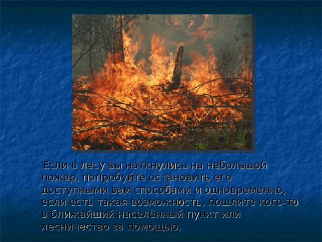  Если в лесу вы наткнулись на небольшой пожар, попробуйте остановить его доступными вам способами и одновременно, если есть такая возможность, пошлите кого-то в ближайший населённый пункт или лесничество за помощью. 