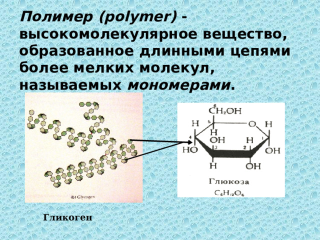 Полимер (polymer) - высокомолекулярное вещество, образованное длинными цепями более мелких молекул, называемых мономерами .  Гликоген  