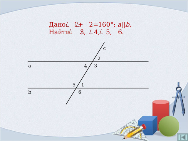 Дано:  1+ 2=160°; a || b .  Найти: 3, 4, 5, 6. с 2 4 3 а 5 1 b 6 