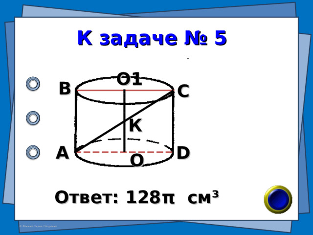 К задаче № 5 О1 В С К А D О Ответ: 128 π см ³ 