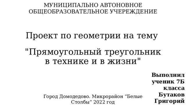 МУНИЦИПАЛЬНО АВТОНОВНОЕ ОБЩЕОБРАЗОВАТЕЛЬНОЕ УЧЕРЕЖДЕНИЕ  Проект по геометрии на тему  