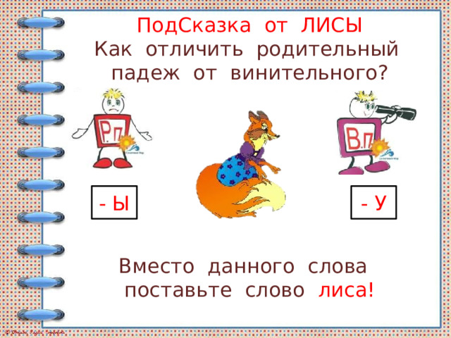 ПодСказка от ЛИСЫ  Как отличить родительный падеж от винительного? - Ы - У Вместо данного слова поставьте слово лиса! 