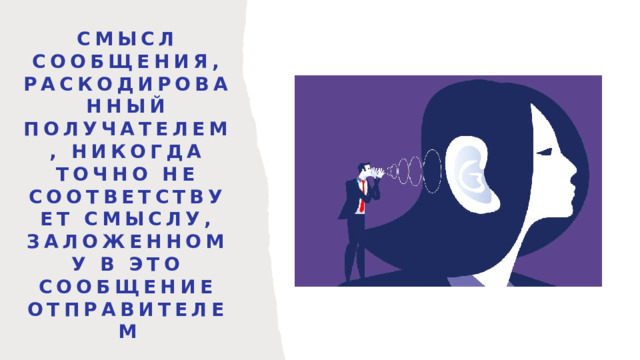 смысл сообщения, раскодированный получателем, никогда точно не соответствует смыслу, заложенному в это сообщение отправителем 