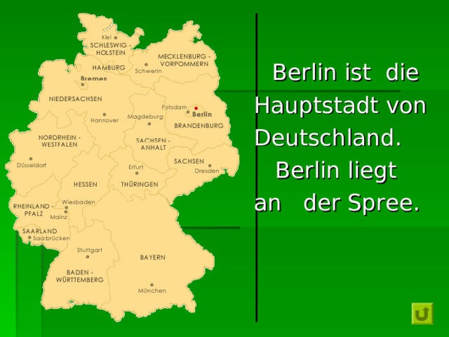  Berlin ist die  Hauptstadt von  Deutschland.  Berlin liegt  an  der Spree. 