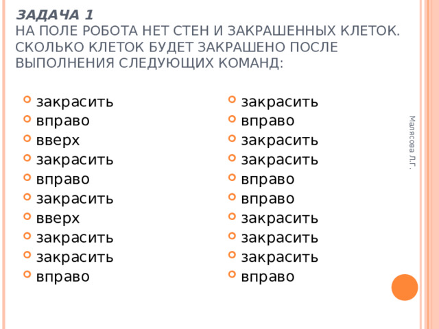 Малясова Л.Г. ЗАДАЧА 1  НА ПОЛЕ РОБОТА НЕТ СТЕН И ЗАКРАШЕННЫХ КЛЕТОК. СКОЛЬКО КЛЕТОК БУДЕТ ЗАКРАШЕНО ПОСЛЕ ВЫПОЛНЕНИЯ СЛЕДУЮЩИХ КОМАНД: закрасить вправо вверх закрасить вправо закрасить вверх закрасить закрасить вправо закрасить вправо закрасить закрасить вправо вправо закрасить закрасить закрасить вправо 