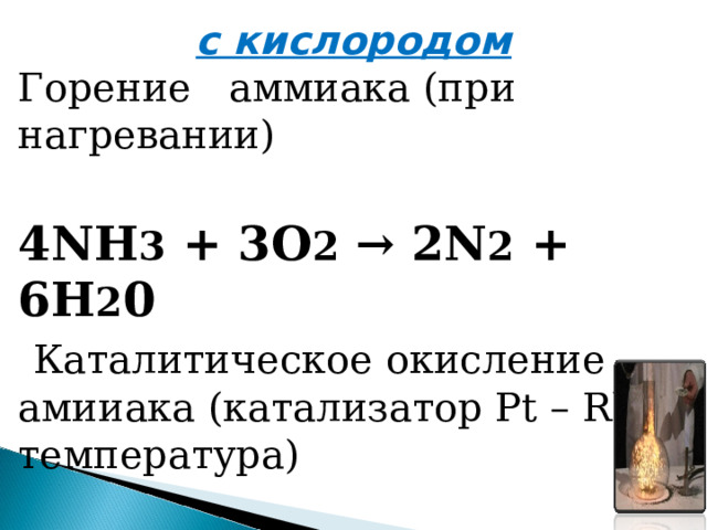 с кислородом Горение аммиака (при нагревании) 4NH 3  + 3O 2  → 2N 2  + 6H 2 0   Каталитическое окисление амииака (катализатор Pt – Rh, температура) 4NH 3  + 5O 2  → 4NO + 6H 2 O 